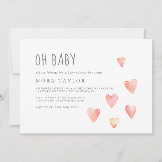 水彩ハート女子横向きOhベビーシャワー 招待状 (正面)