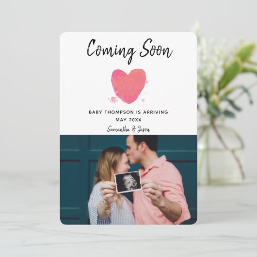 水彩ハート妊娠写真告知カード 招待状 (スタンド正面)