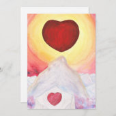 水彩ハート愛の山の上に浮かぶ 招待状 (正面/裏面)