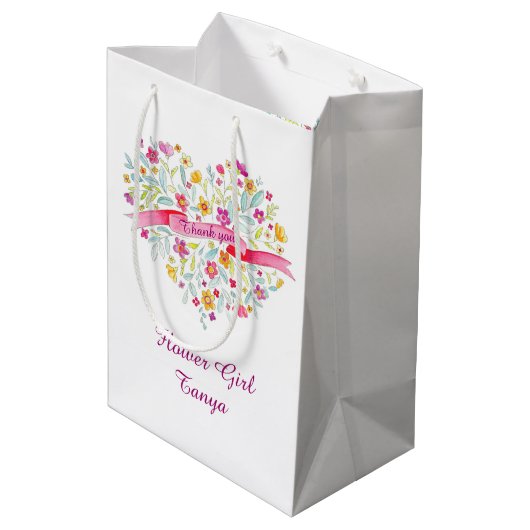 水彩ハート結婚の花女の子を好むバッグ ミディアムペーパーバッグ (裏面アングル)