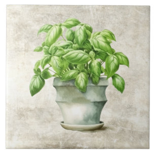 水彩ハーブのバジルのテクスチ素朴ャフェイクー タイル