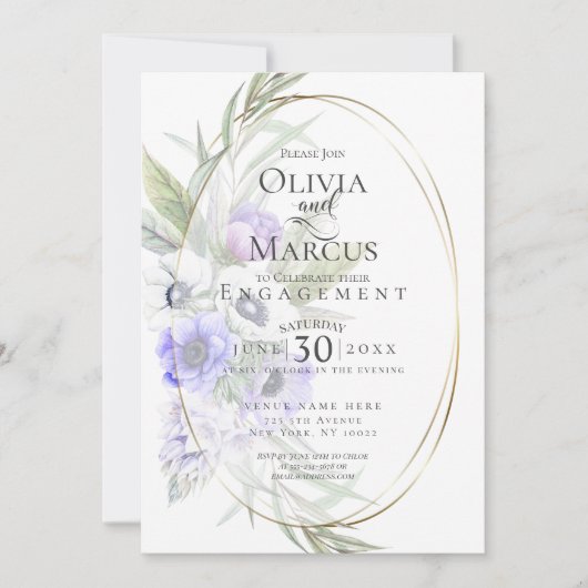 水彩バイオレットアネモンフローラ楕円形フレーム 招待状 (正面)