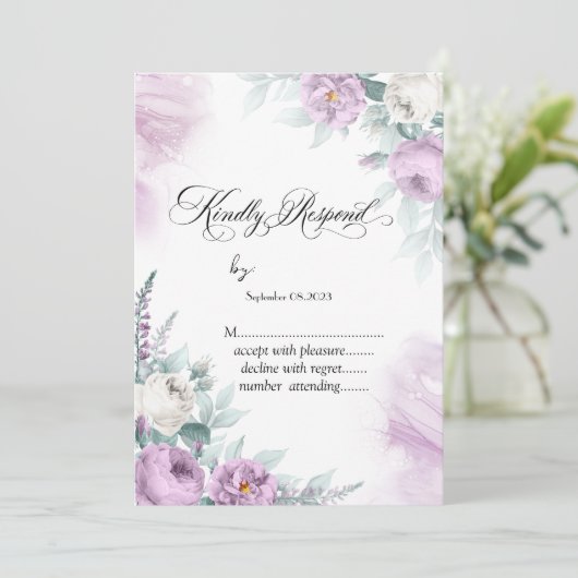 水彩バイオレットバラ水玉模様RSVP 招待状 (スタンド正面)