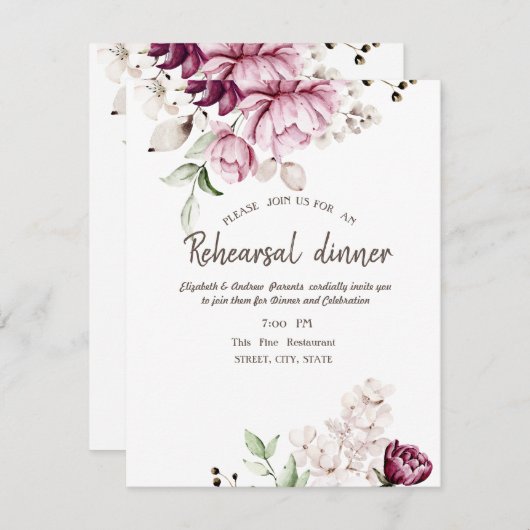 水彩バイオレットフラワーリハーサルディナー 招待状 (正面/裏面)