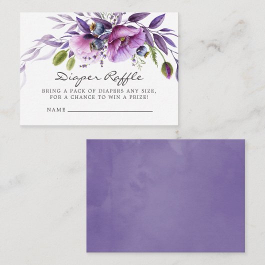 水彩バイオレットフローラベビーシャワーおむつラッフル エンクロージャーカード (正面/裏面)