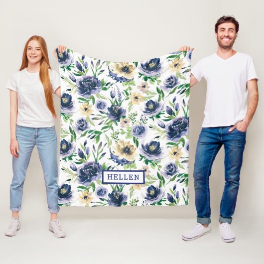 水彩バイオレットブルーとイエローの花パターン フリースブランケット (インサイチュ)