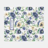 水彩バイオレットブルーとイエローの花パターン フリースブランケット (正面(横))