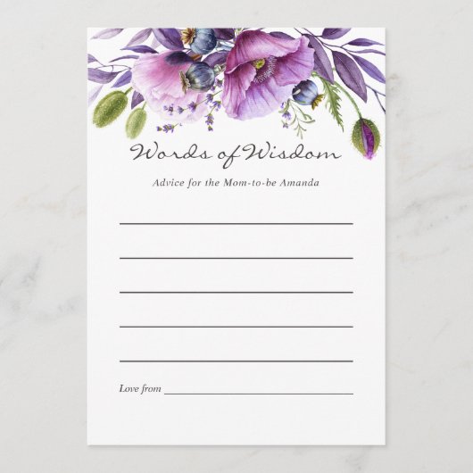 水彩バイオレットポピーフローラベビーシャワーアドバイス アドバイスカード (正面)