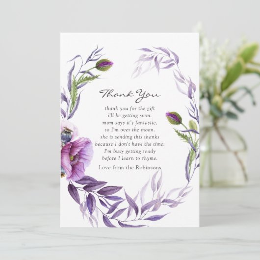 水彩バイオレットポピーフローラベビーシャワー感謝してい サンキューカード (スタンド正面)