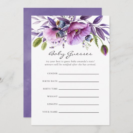水彩バイオレットポピーフローラ赤ちゃんシャワー憶測 招待状 (正面/裏面)