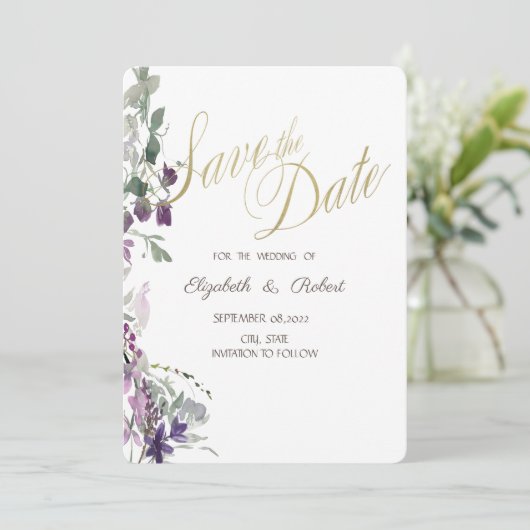 水彩バイオレットワイルドフラワー日付を保存 セーブザデート (スタンド正面)