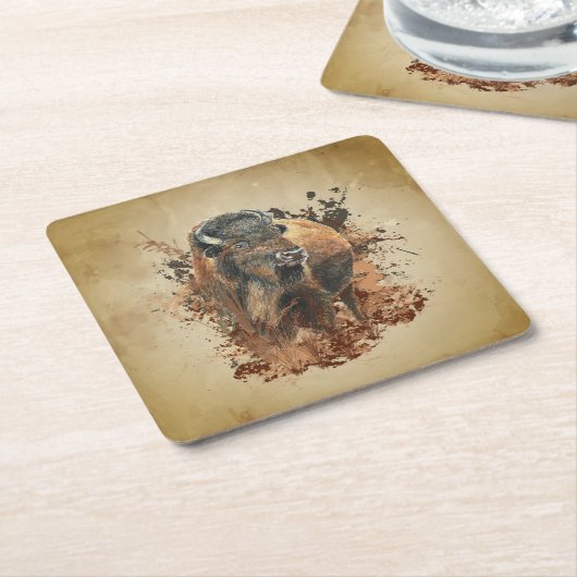 水彩バイソンバッファローアニマルワイルドライフ自然 スクエアペーパーコースター (アングル)
