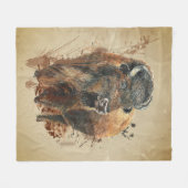 水彩バイソンバッファローアニマルワイルドライフ自然 フリースブランケット (正面(横))