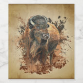 水彩バイソンバッファローアニマルワイルドライフ自然 ワインラベル (シングルラベル)