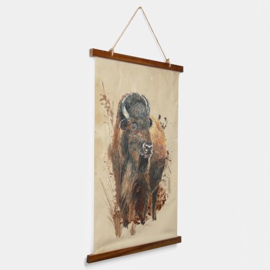 水彩バイソンバッファローワイルドライフアニマル自然 吊り下げ型タペストリー (傾斜あり)