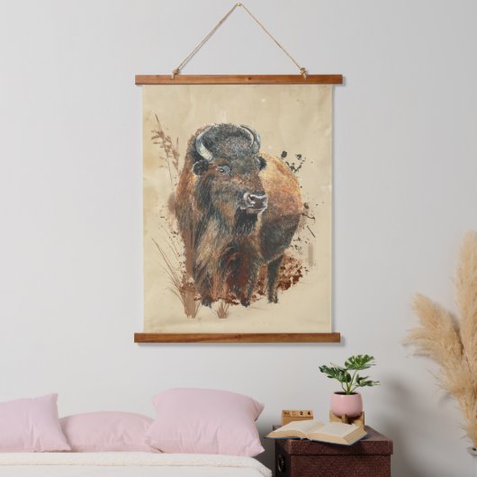 水彩バイソンバッファローワイルドライフアニマル自然 吊り下げ型タペストリー (寝室)