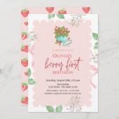 水彩バスケットイチゴ1st誕生日 招待状 (正面/裏面)