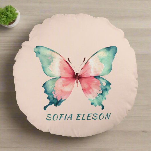 水彩バタフライエレガント赤面ピンク名 ラウンドクッション