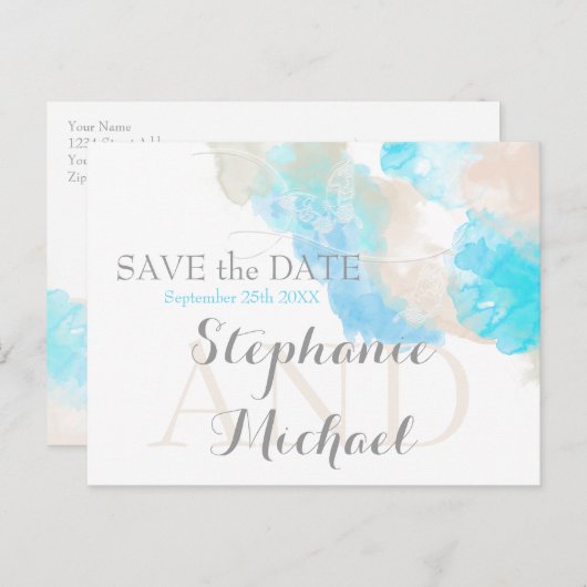 水彩バタフライティール（緑がかった色）アイボリータウペサザデー 案内ポストカード (正面/裏面)