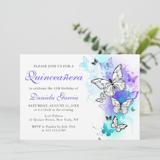 水彩バタフライパープルターコイズキンセアニラ 招待状 (スタンド正面)