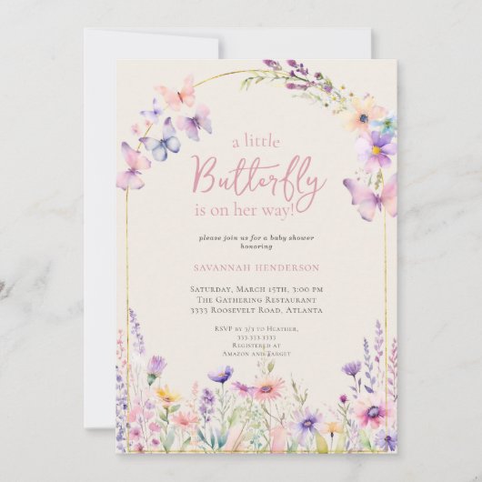 水彩バタフライピンクフローラ赤ちゃんシャワー 招待状 (正面)