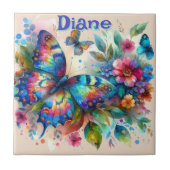 水彩バタフライフローラガーデンパーソナライズされた タイル (正面)