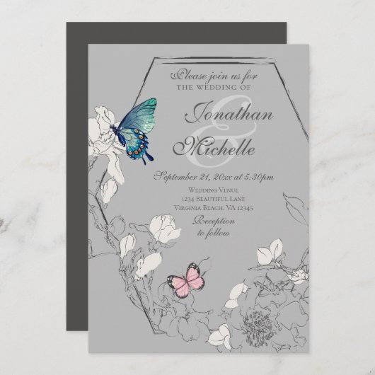 水彩バタフライフローラ幾何結婚型 招待状 (正面/裏面)