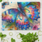 水彩バタフライフローラ花青ピンク キッチンタオル (折り畳み)