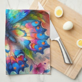 水彩バタフライフローラ花青ピンク キッチンタオル (四つ折り)