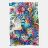 水彩バタフライフローラ花青ピンク キッチンタオル (縦)