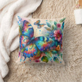 水彩バタフライフローラ花青ピンク クッション (ブランケット)