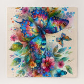 水彩バタフライフローラ花青ピンク ジグソーパズル (横)