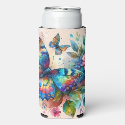 水彩バタフライフローラ花青ピンク スリム缶クーラー (Seltzer裏面)