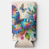 水彩バタフライフローラ花青ピンク スリム缶クーラー (正面)