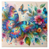 水彩バタフライフローラ花青ピンク タイル (正面)