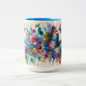 水彩バタフライフローラ花青ピンク ツートーンマグカップ (中央)