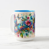 水彩バタフライフローラ花青ピンク ツートーンマグカップ (正面左)