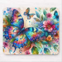 水彩バタフライフローラ花青ピンク マウスパッド