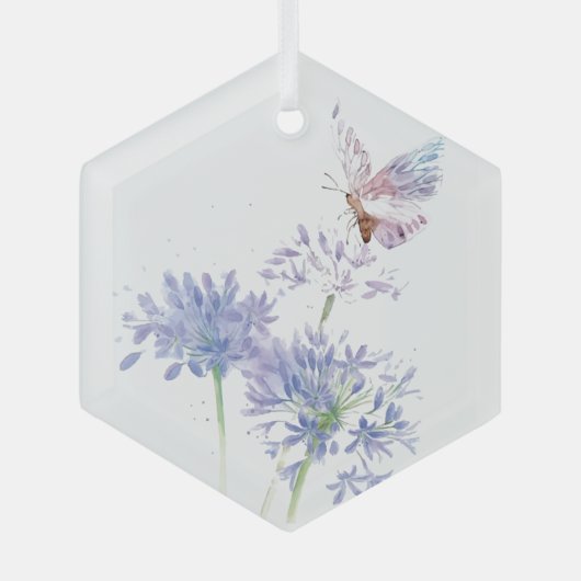 水彩バタフライブルーガーデンフラワー ガラスオーナメント (正面)