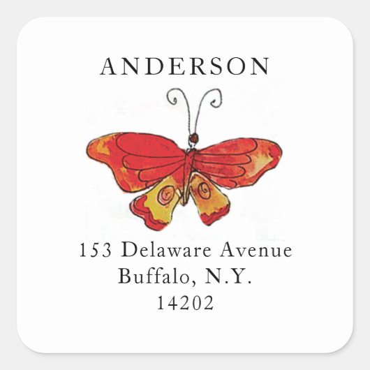 水彩バタフライレッドハンドドロー自然スケッチ スクエアシール (正面)
