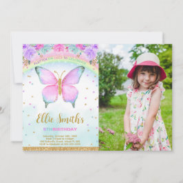 水彩バタフライ誕生日フォト招待状 招待状