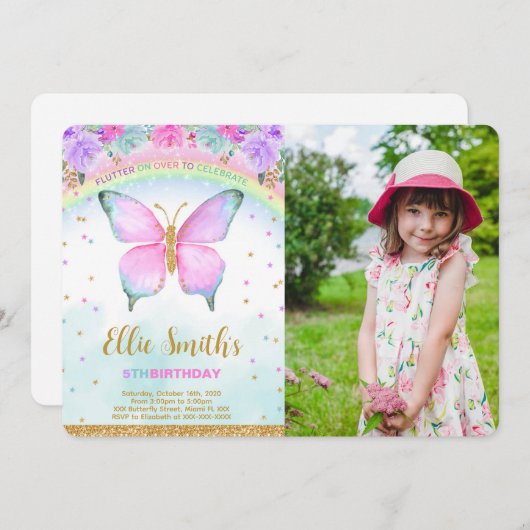 水彩バタフライ誕生日フォト招待状 招待状 (正面/裏面)