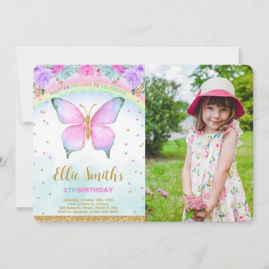 水彩バタフライ誕生日フォト招待状 招待状 (正面)