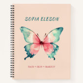 水彩バタフライ赤面ピンクブルースクリプト名 ノートブック (正面)