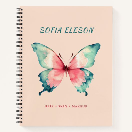 水彩バタフライ赤面ピンクブルースクリプト名 ノートブック (正面)