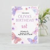 水彩バタフライ1st誕生日の招待状 招待状 (スタンド正面)