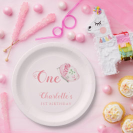 水彩バタフライ1st誕生日パーティーピンク ペーパープレート