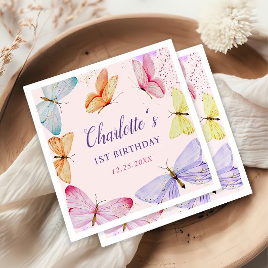 水彩バタフライ1st誕生日 スタンダードカクテルナプキン