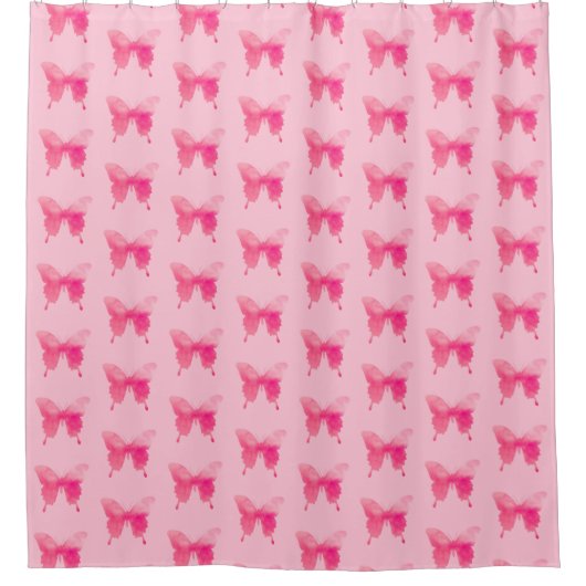 水彩バタフライ – 明るい赤紫色とピンク シャワーカーテン (正面)