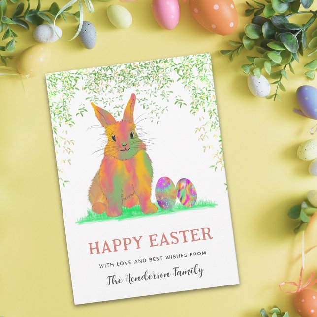水彩バニーとエッグハッピーイースター (Personalized happy easter cute bunny colorful watercolor easter eggs holiday greetings card)